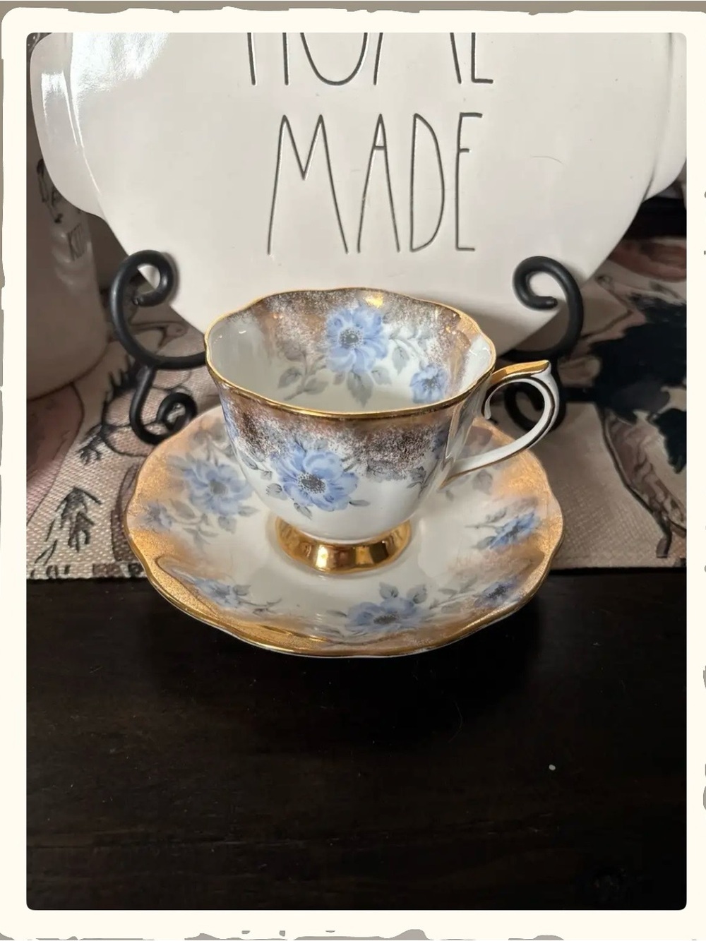 Royal Albert Blue Floral Gold-Trim Teacup and Saucer